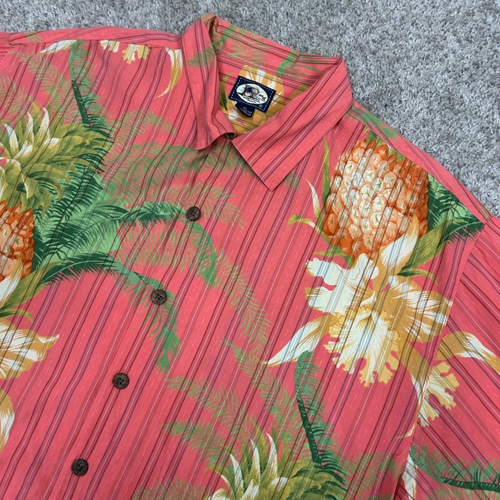 Tommy Bahama Button Up Shirt XL Pink Tropical Pineapple Floral Cotton Camp Loop
